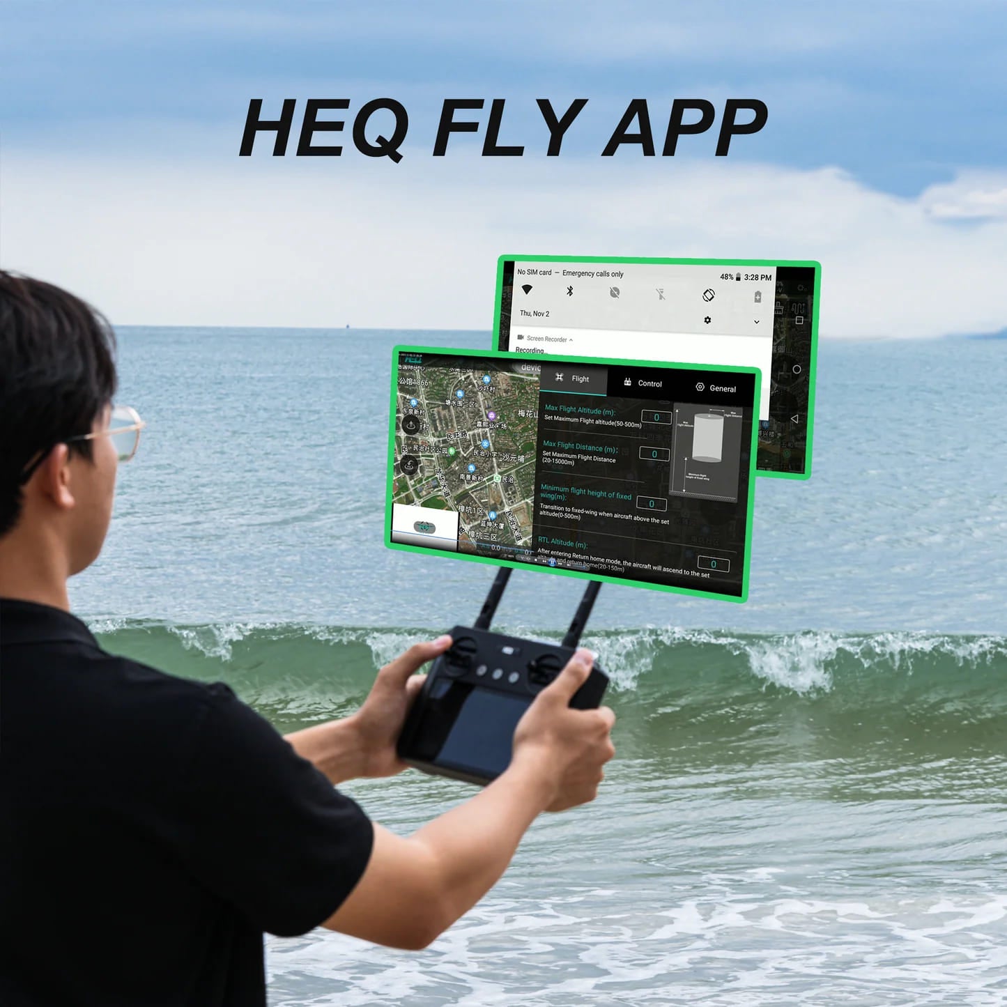 A person holding the remote controller of Swan K1 Pro drone to demonstrateHEQ Fly App