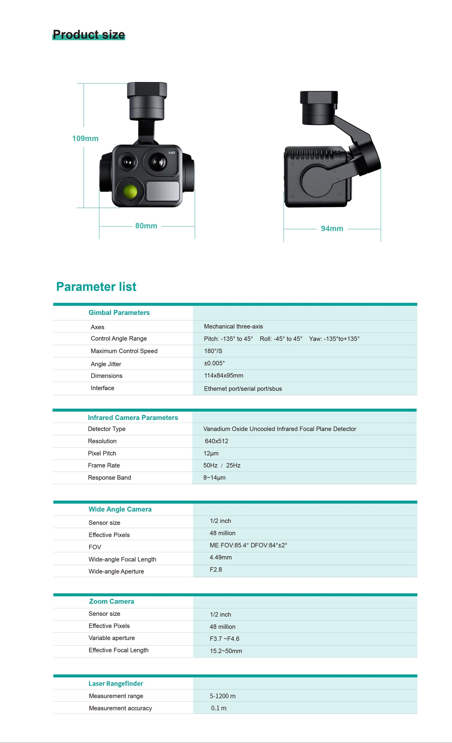 Technical specifications of a K40T quad-Sensor Gimbal Camera on a white background