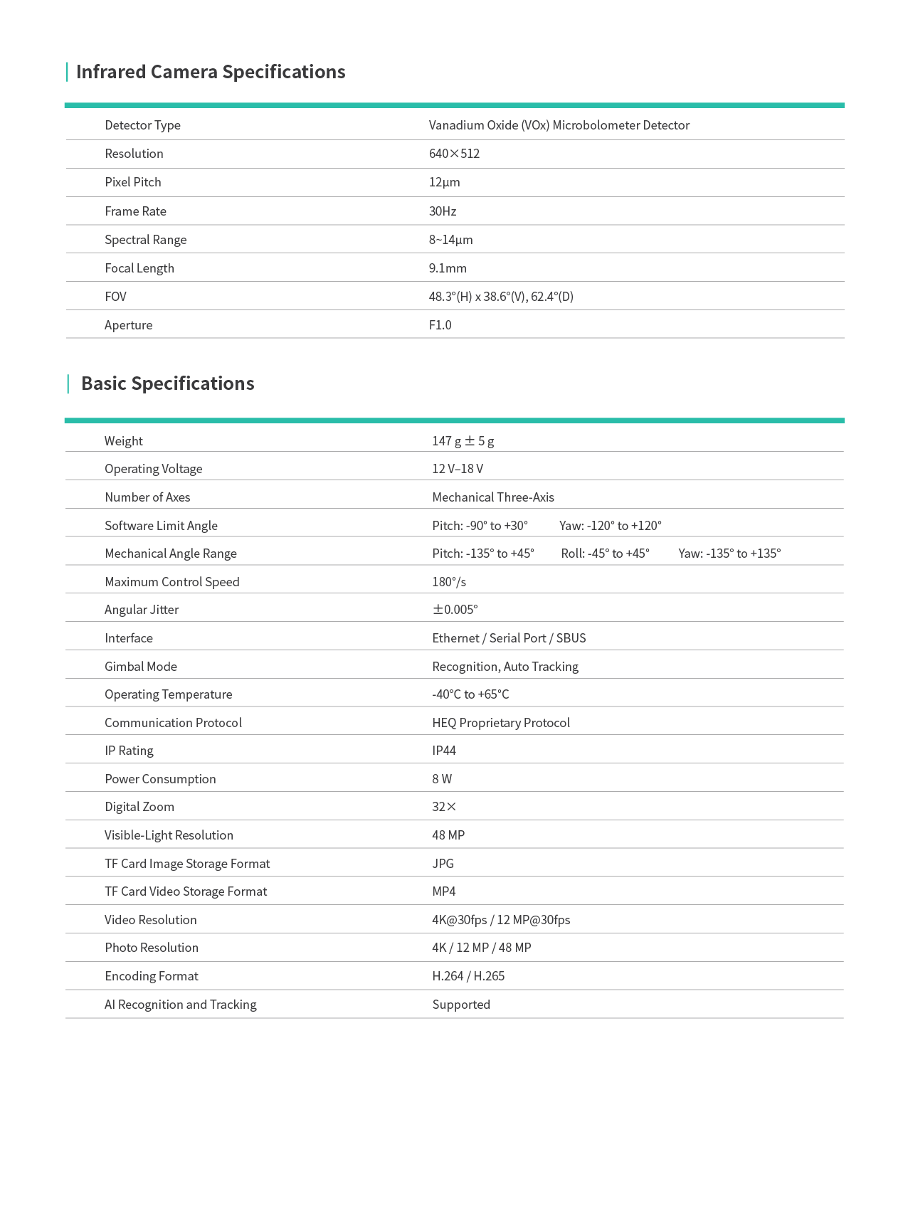 Infrared camera and basic gimbal specifications table of k8t-v3 on a white background