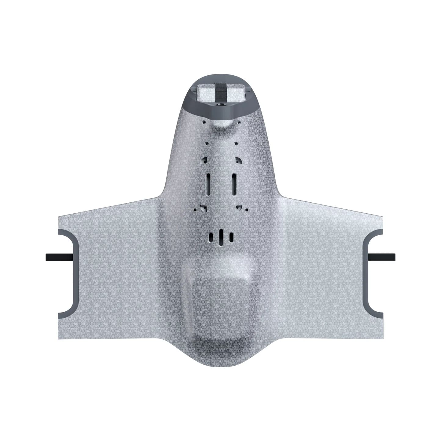 A silver HEQ drone body back view on a white background
