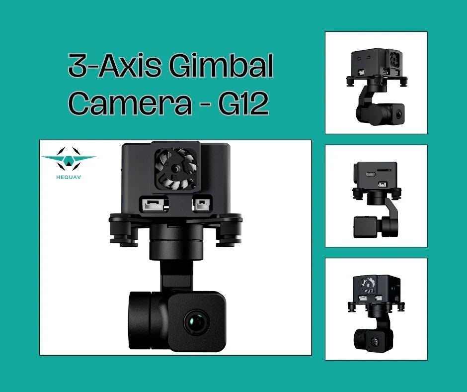 Gimbal camera G12 displayed on a table, showcasing its sleek design and advanced stabilization features.