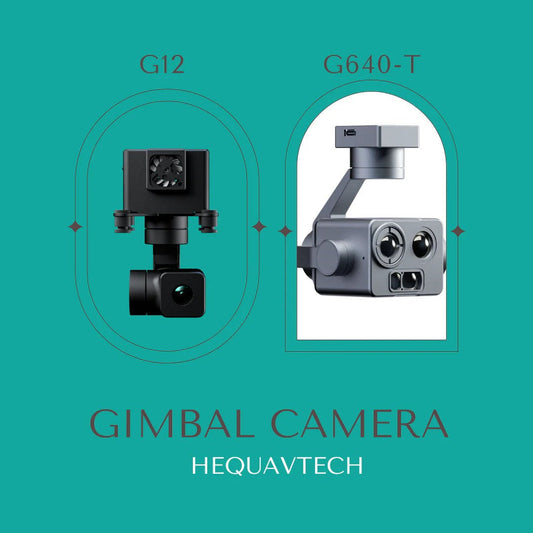 Different angles of G12 and G640-T gimbal cameras, highlighting their structure and functionality.