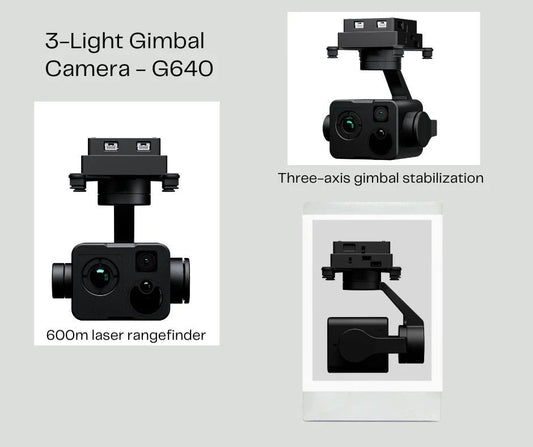 HEQ G640 3-Light Gimbal Camera showcasing different angles and features.