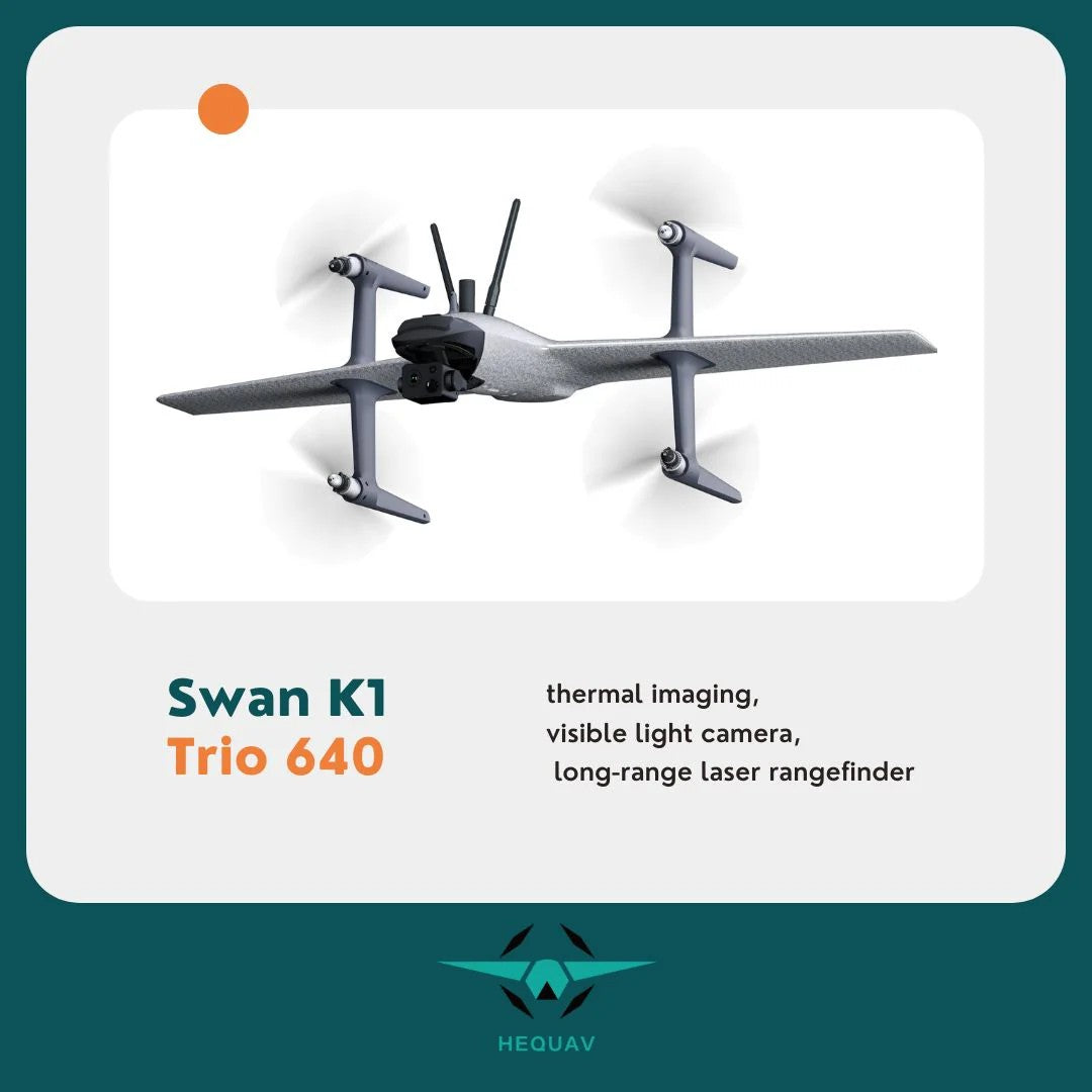 HEQ Swan K1 Trio 640 drone featuring thermal imaging, visible light camera, and long-range laser rangefinder.