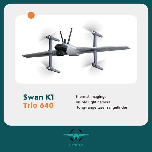 HEQ Swan K1 Trio 640 drone featuring thermal imaging, visible light camera, and long-range laser rangefinder.