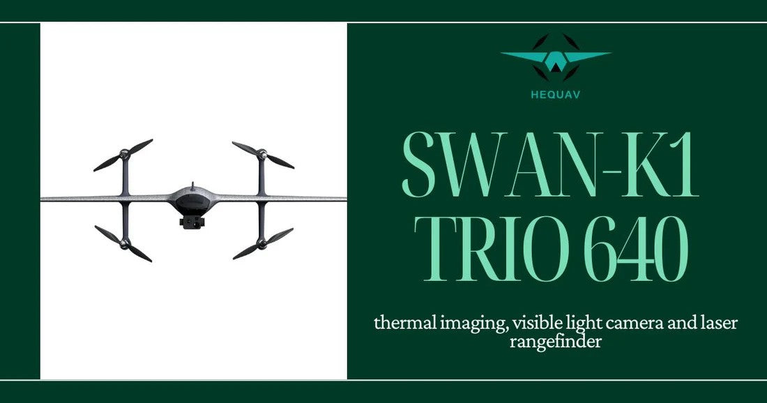 HEQ Swan K1 Trio 640 front view on left side with text on the right side: thermal imaging visible light camera and laser rangefinder