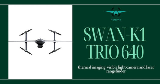 HEQ Swan K1 Trio 640 front view on left side with text on the right side: thermal imaging visible light camera and laser rangefinder