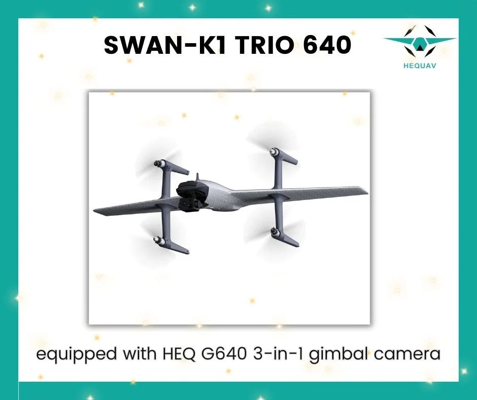 A swan K1 trio drone featuring an G640-T gimbal camera, designed for high-quality aerial imaging.