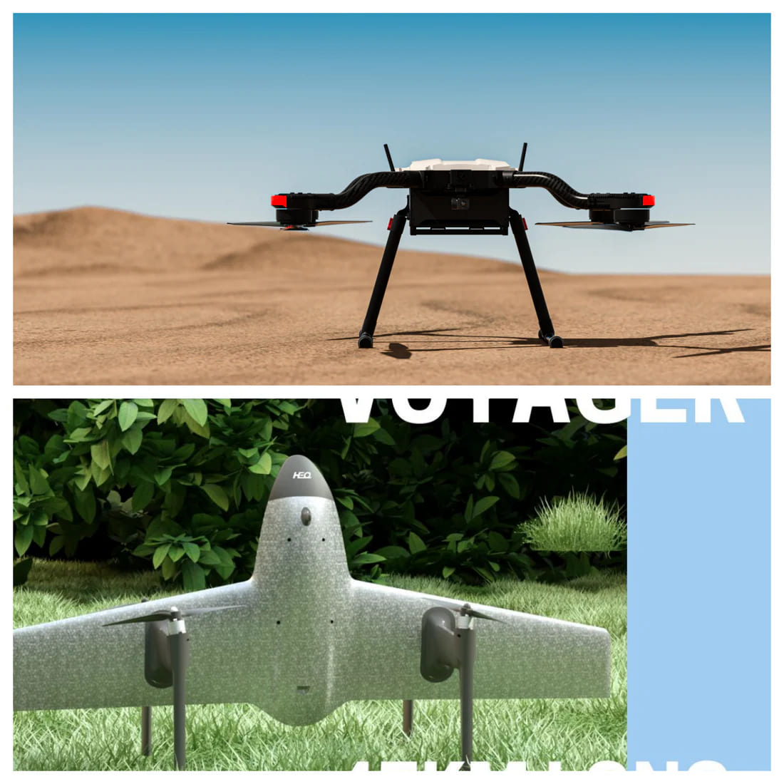A HEQ Multi-rotor drone landing on desert with blue sky in the background, on the bottom is the fixed wing VTOL Swan serie drone landing on the grass.