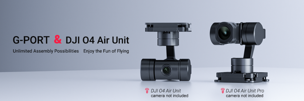 HEQ G-port for DJI O4/O4 Pro camera on a white platform against grey background.