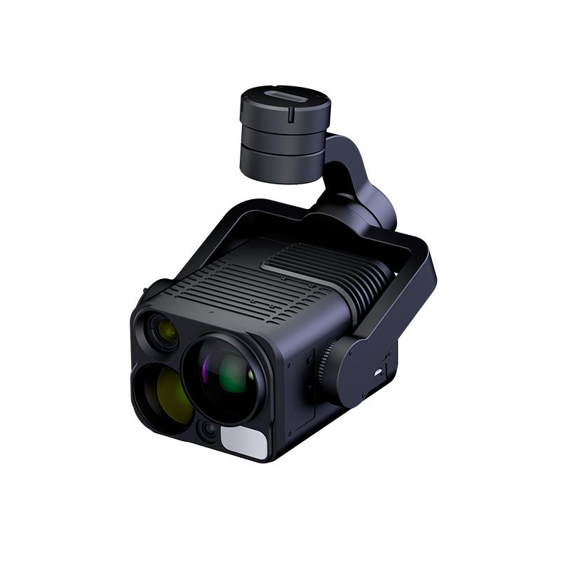 Side angled view of the H50T penta-sensor AI gimbal camera on a white background