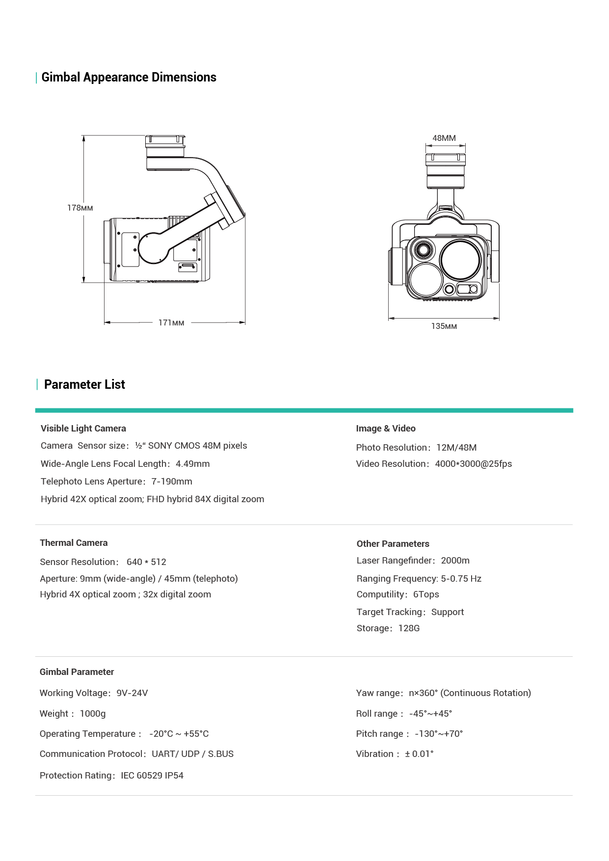 Technical specifications and dimensions of H50t penta-sensor AI gimbal camera on a white background
