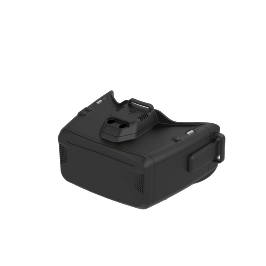A set of black HD fpv goggles side view on a white background