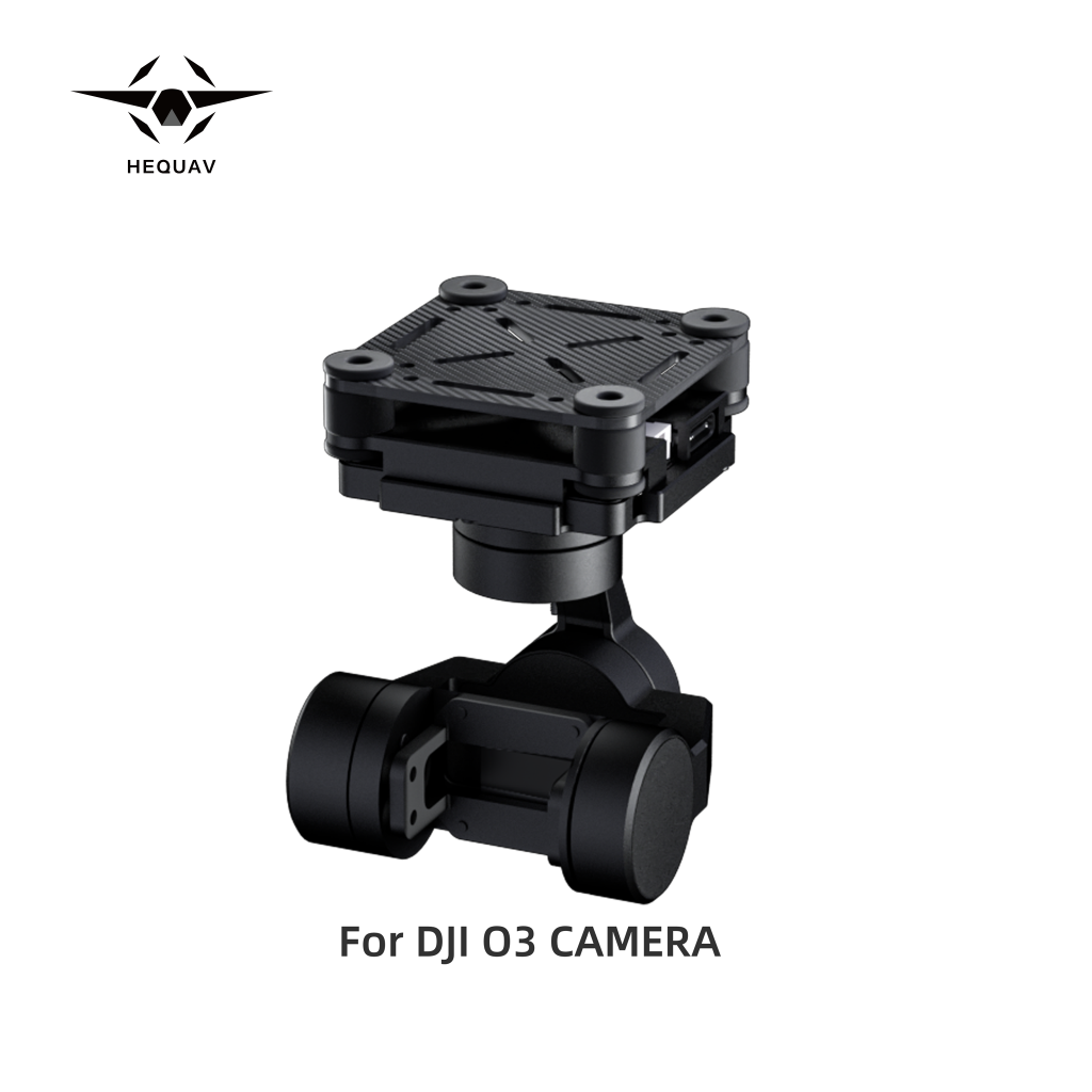A black HEQUAV G-Port 3-axis gimbal component designed for use with DJI O3 camera gyroscope stabilizers.