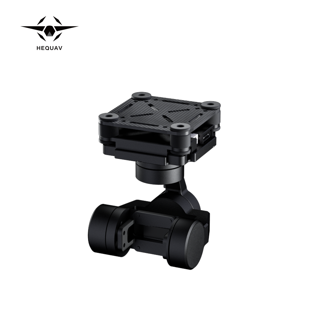 A side view of 3 Axis Gimbal G-port, a black camera stabilizer with HEQUAV logo on a white background