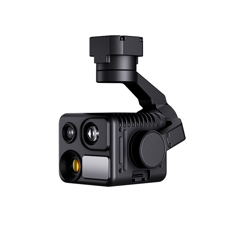 Side angled view of the K40T quad-sensor AI gimbal camera on a white background