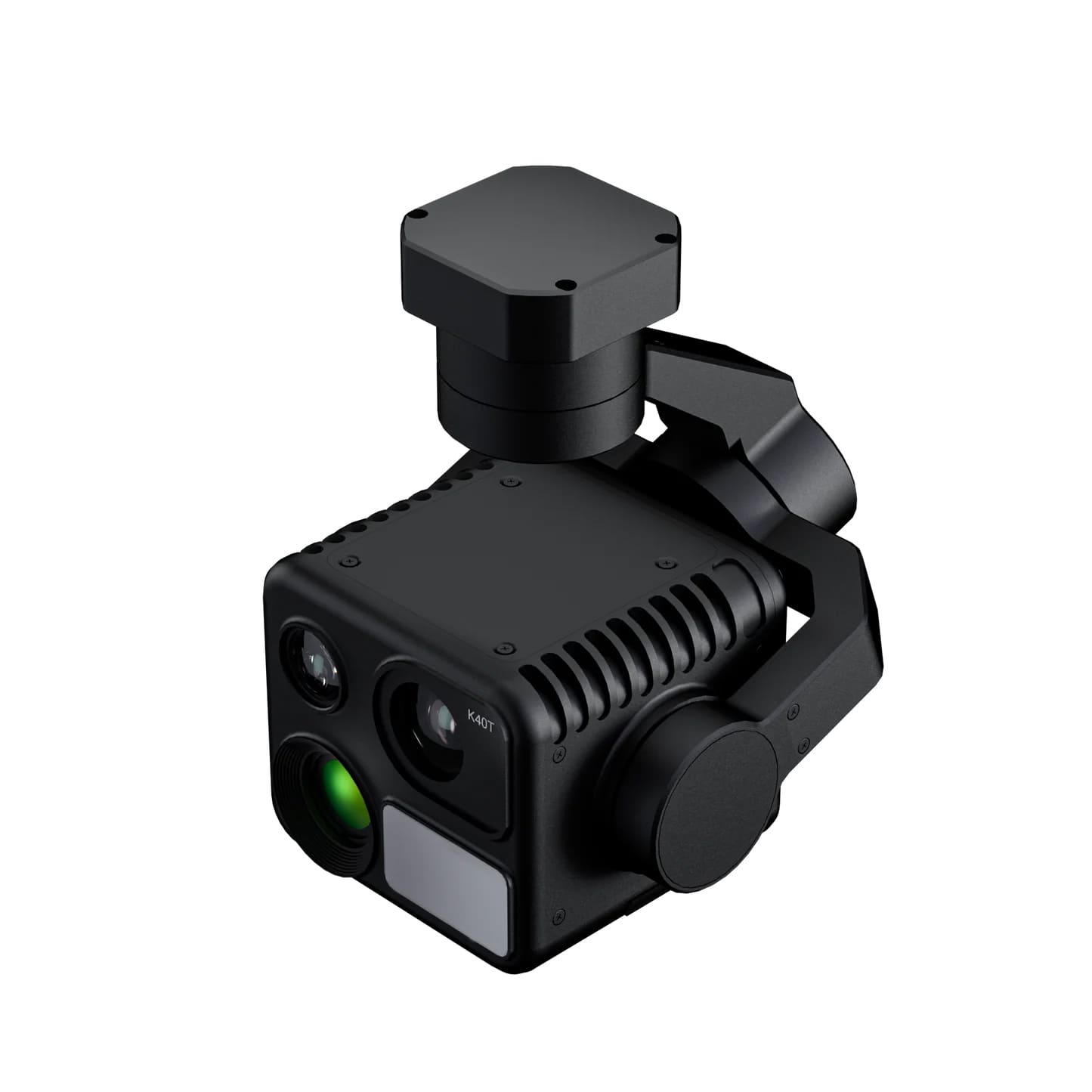 A right side view of a black gimbal camera with 3 lens and 1 rangefinder on a white background