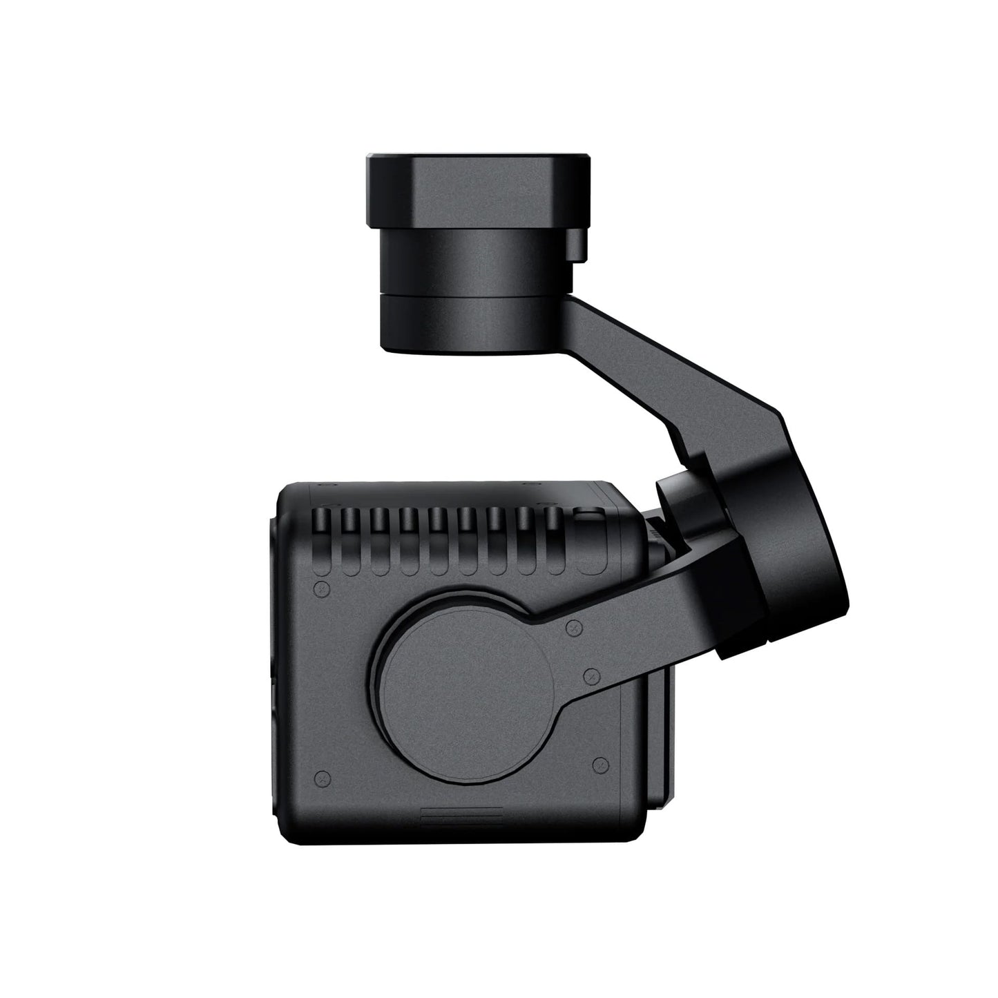 A side view of a black gimbal camera with 3 lens and 1 rangefinder on a white background