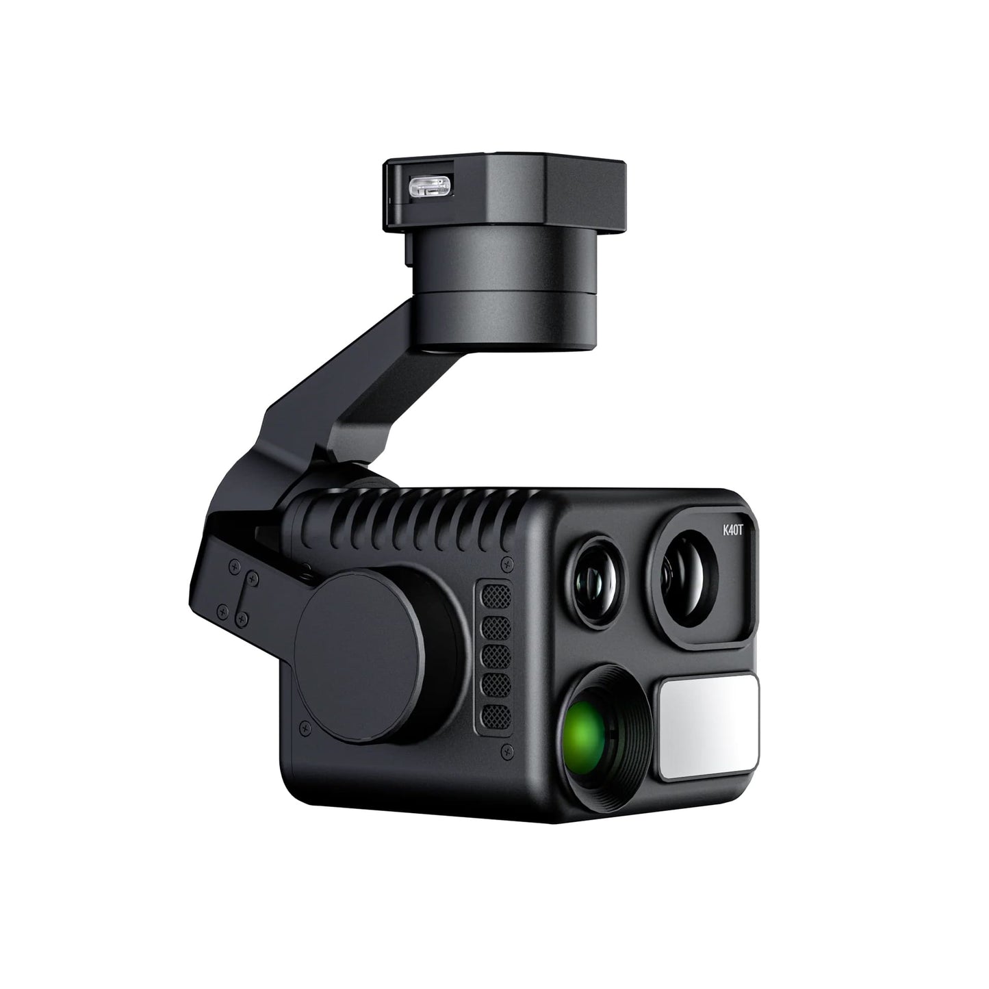 A left side view of a black gimbal camera with 3 lens and 1 rangefinder on a white background