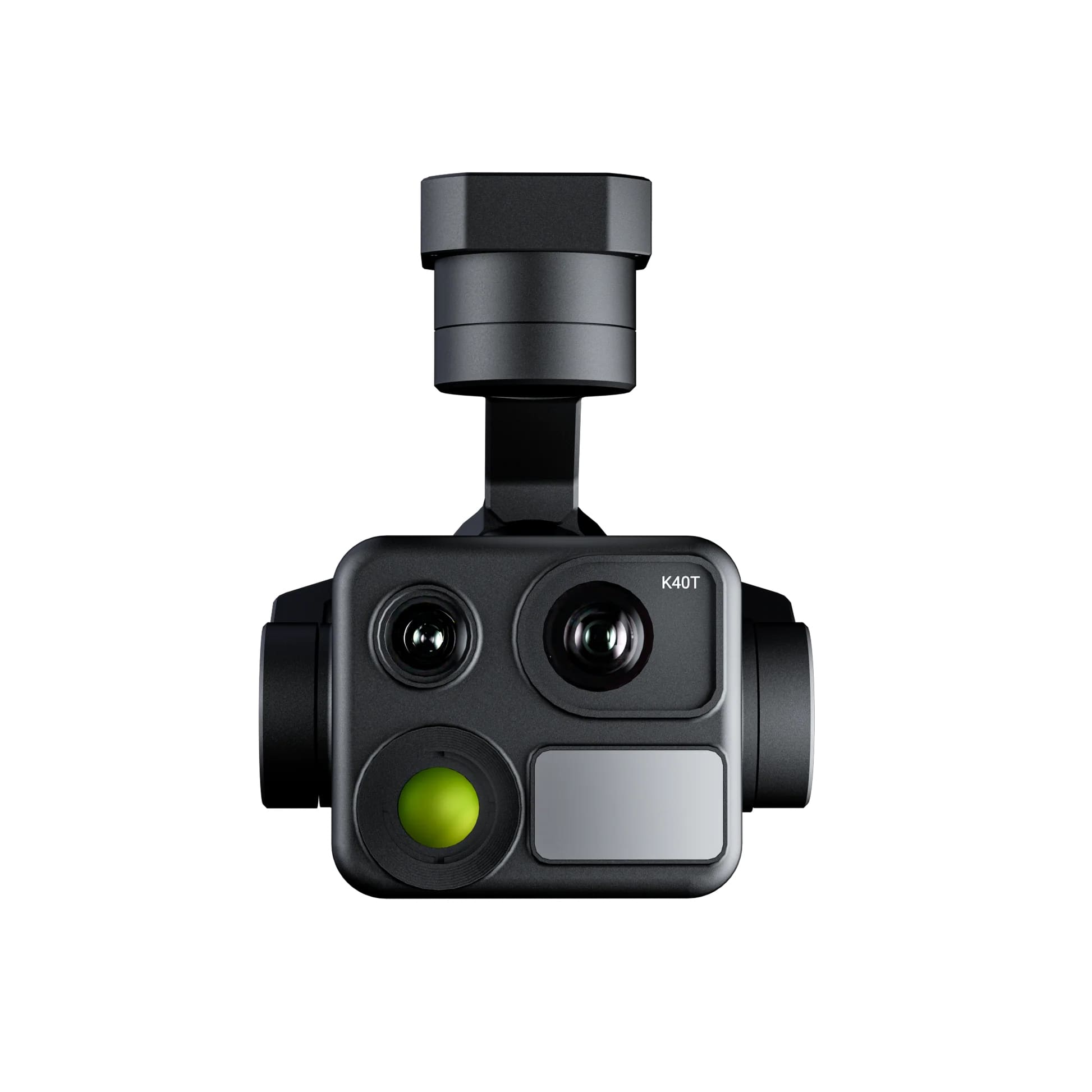 A black gimbal camera with 3 lens and 1 rangefinder on a white background