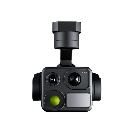 A black gimbal camera with 3 lens and 1 rangefinder on a white background