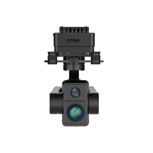 Black dual-lens gimbal camera for drone on a white background
