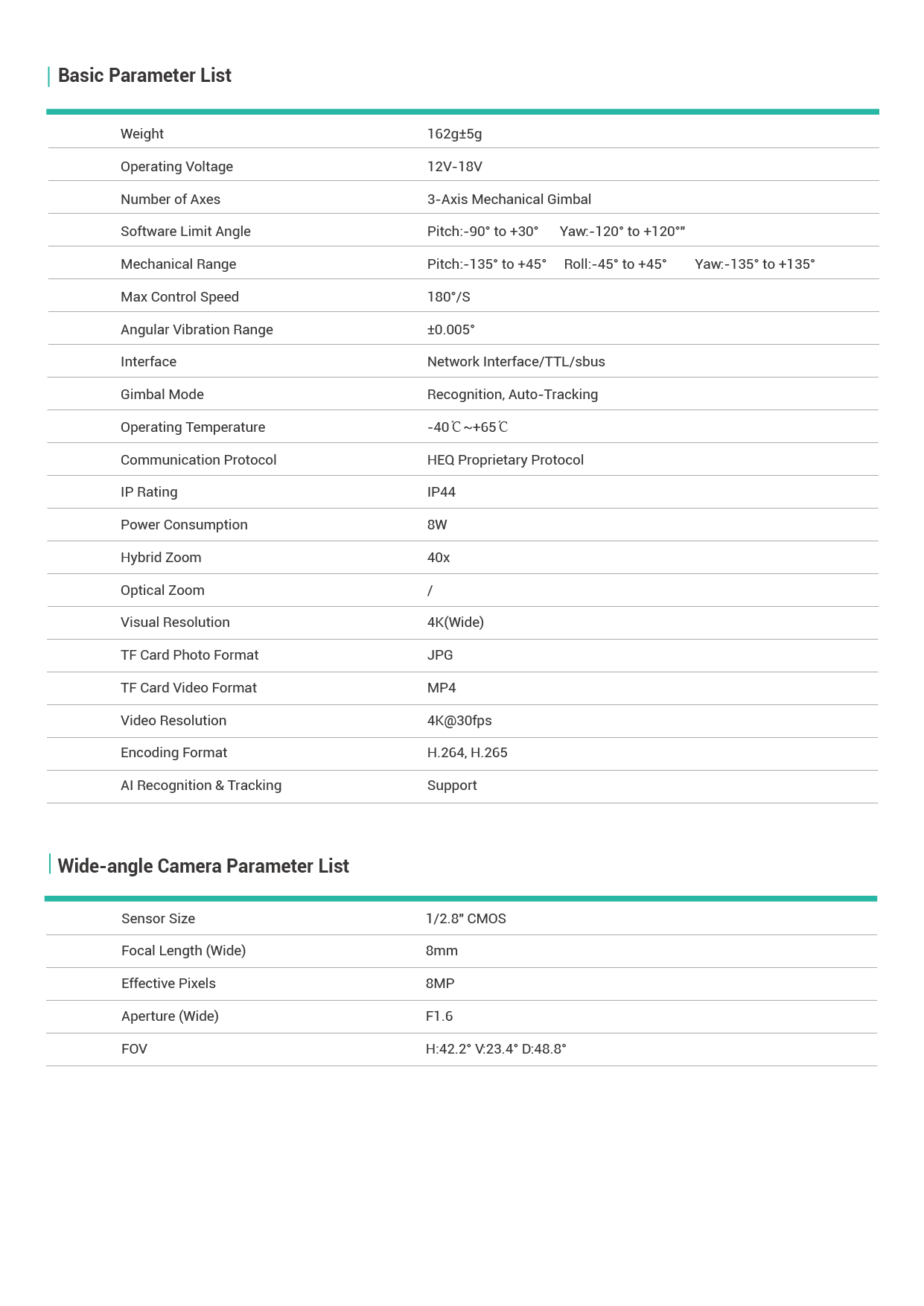 Technical specifications of a k8t-v2 dual-sensor gimbal camera on a white background