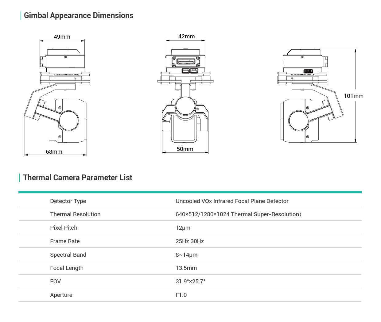 Technical specifications of a k8t-v2 thermal camera with dimensions and parameter list.