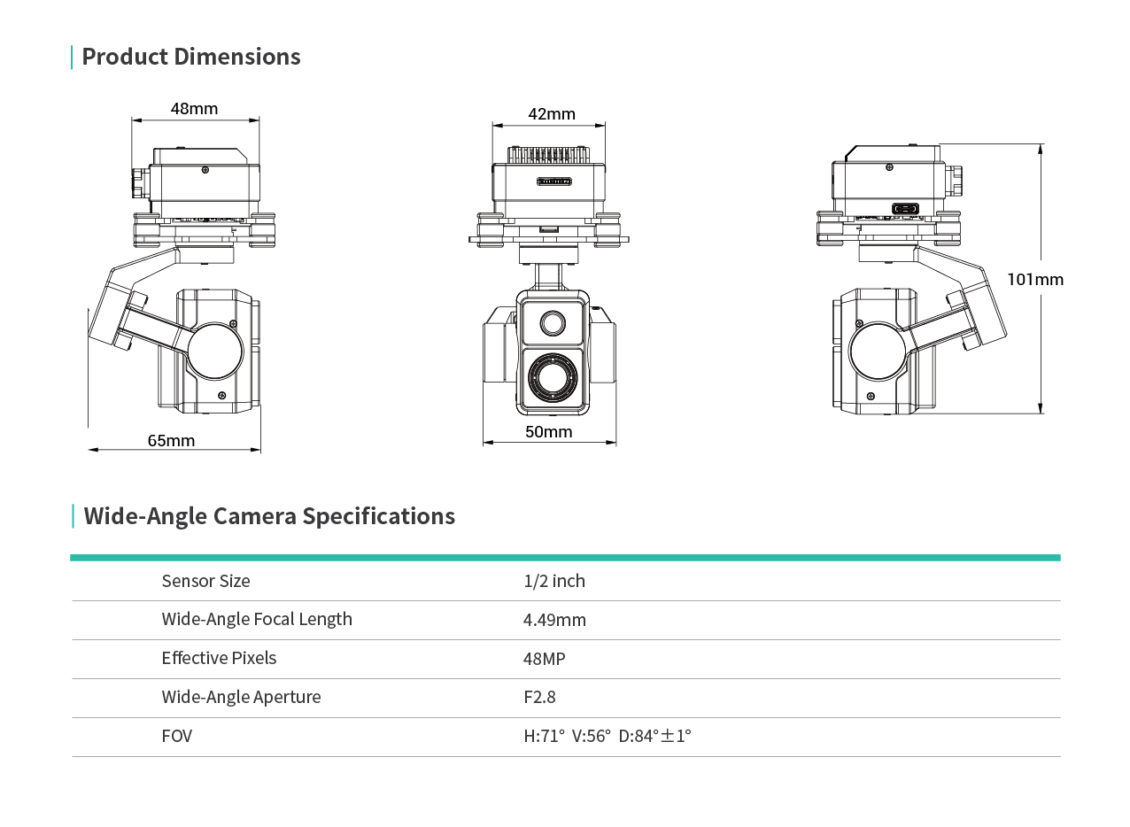 Technical specifications and dimensions of k8t-v3 dual-sensor gimbal camera on a white background