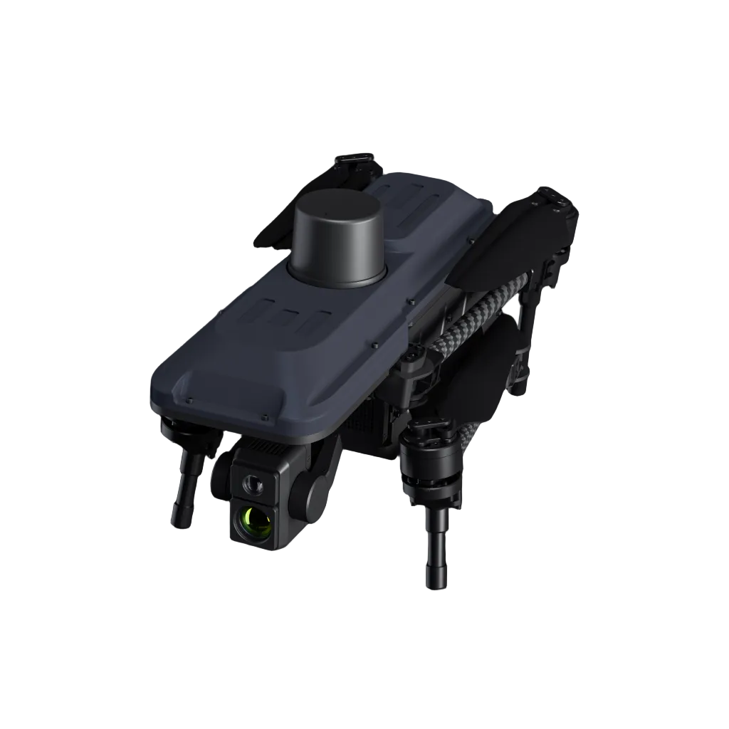 A black drone with folded propellers and a small size mounted camera on a white background