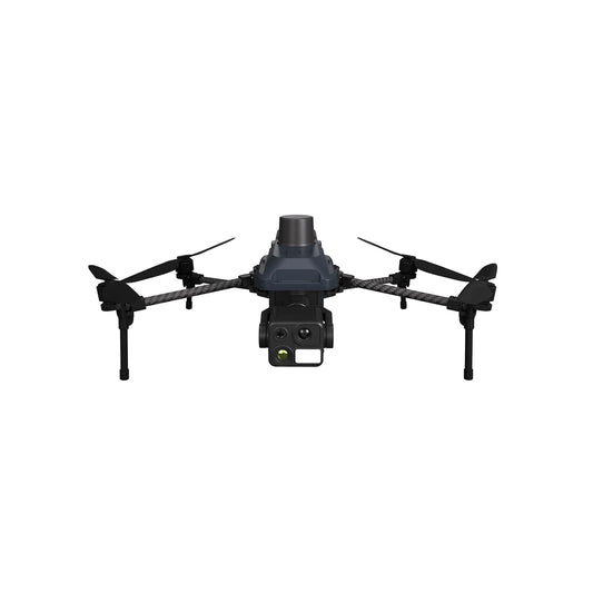 A black drone with a camera positioned on top, ideal for surveillance or aerial imaging tasks.