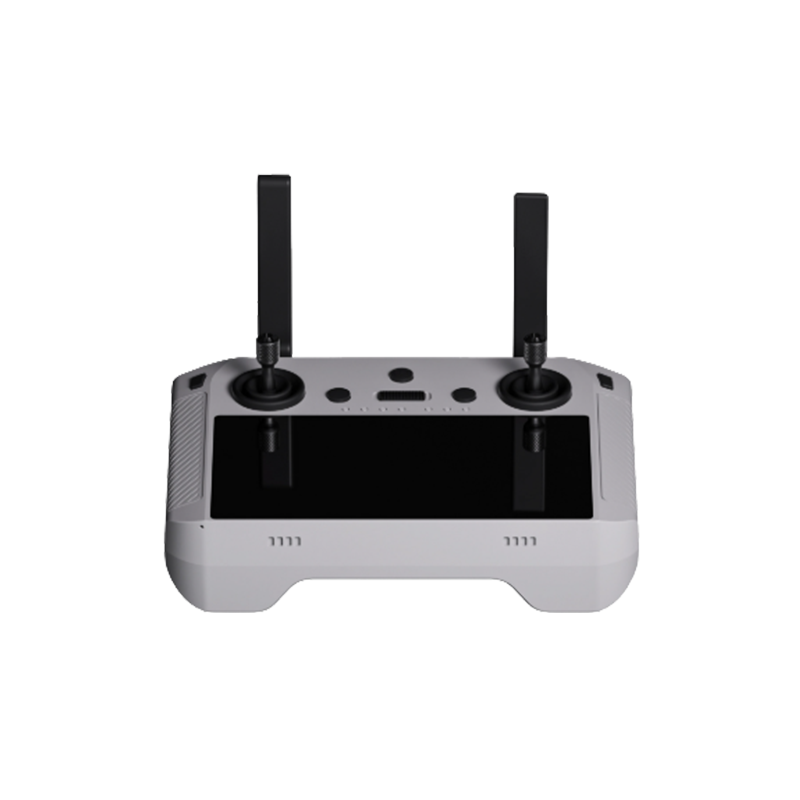 Silver drone remote control with antennas on a white background