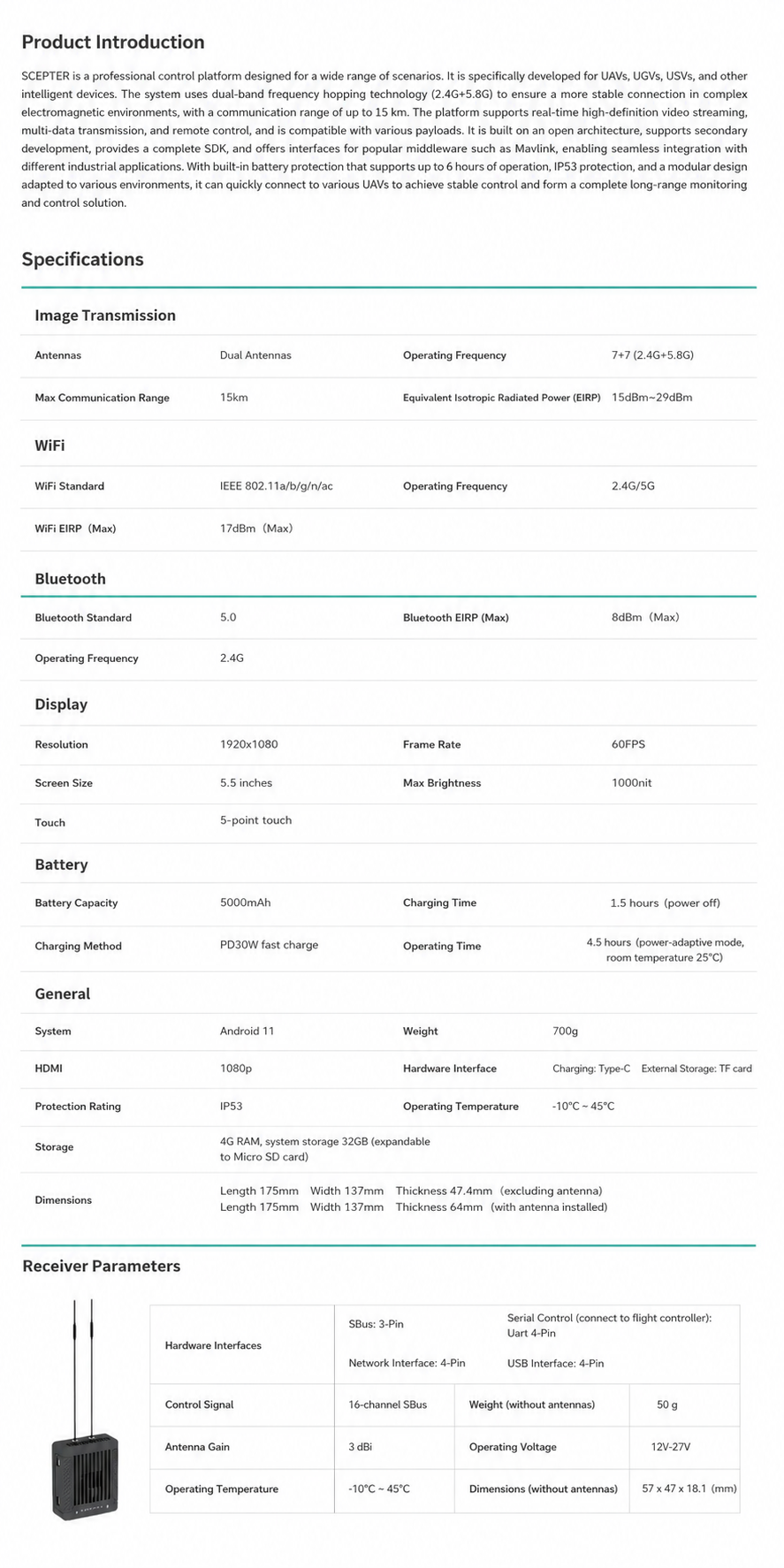 Scepter 15 UAV remote controller specifications and dimensions
