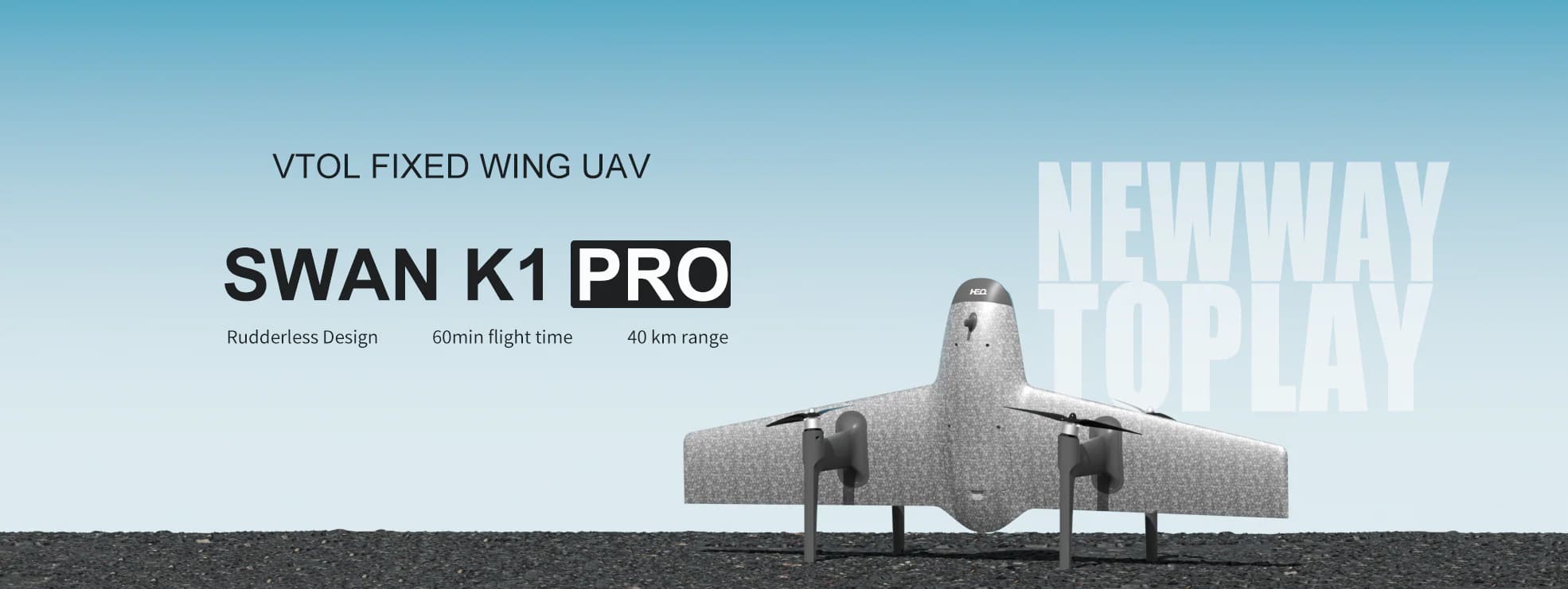 A HEQ Swan K1 Pro drone landing on the ground with blue background, listing features like 60 min flight time and 40km range.