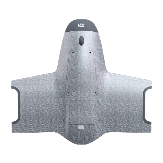 A silver HEQ drone body front view on a white background
