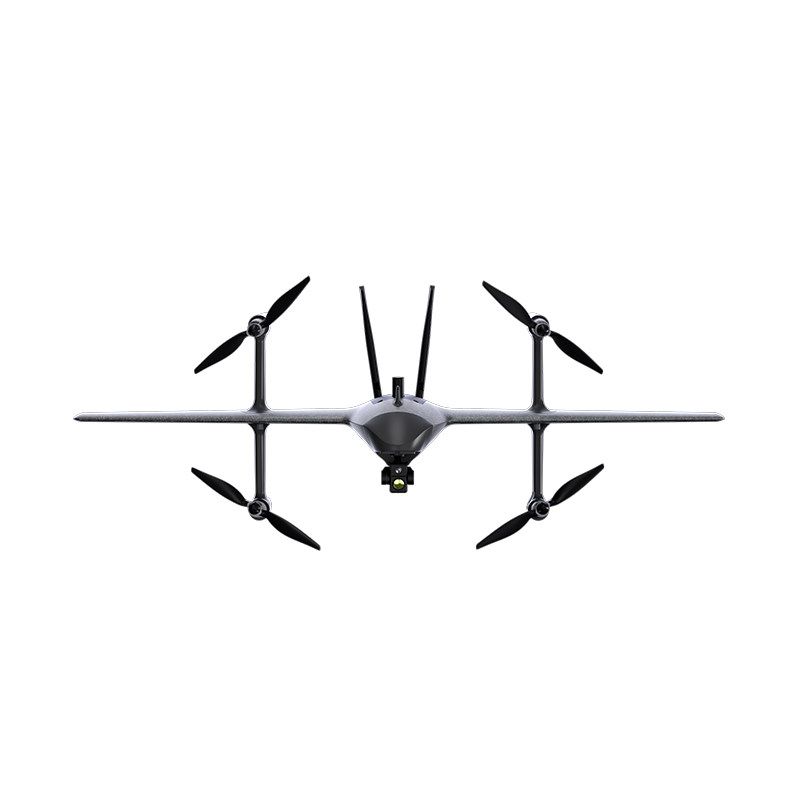 heq vtol uav swan voyager drone with 4 propellers and a gimbal camera in fly position on a white background