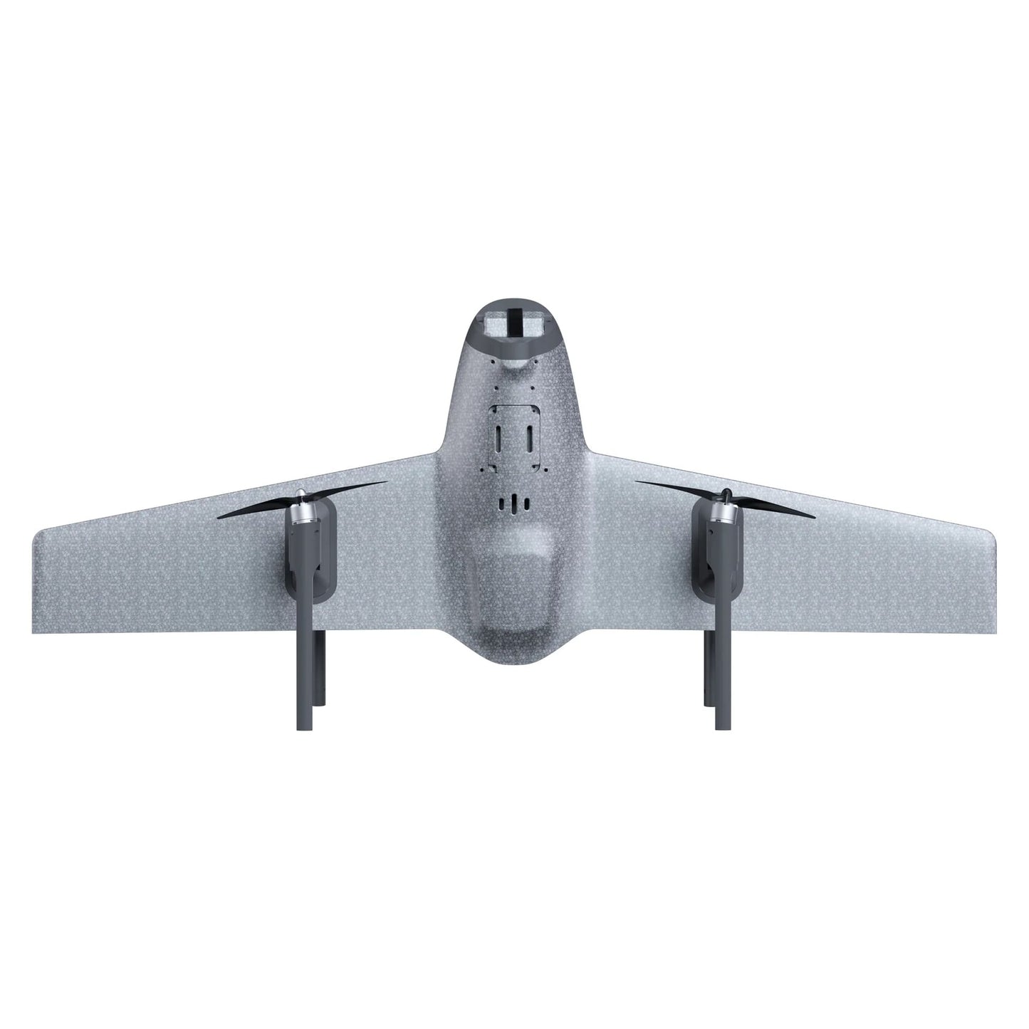 A back view of a silver HEQ drone with four propellers on a white background 