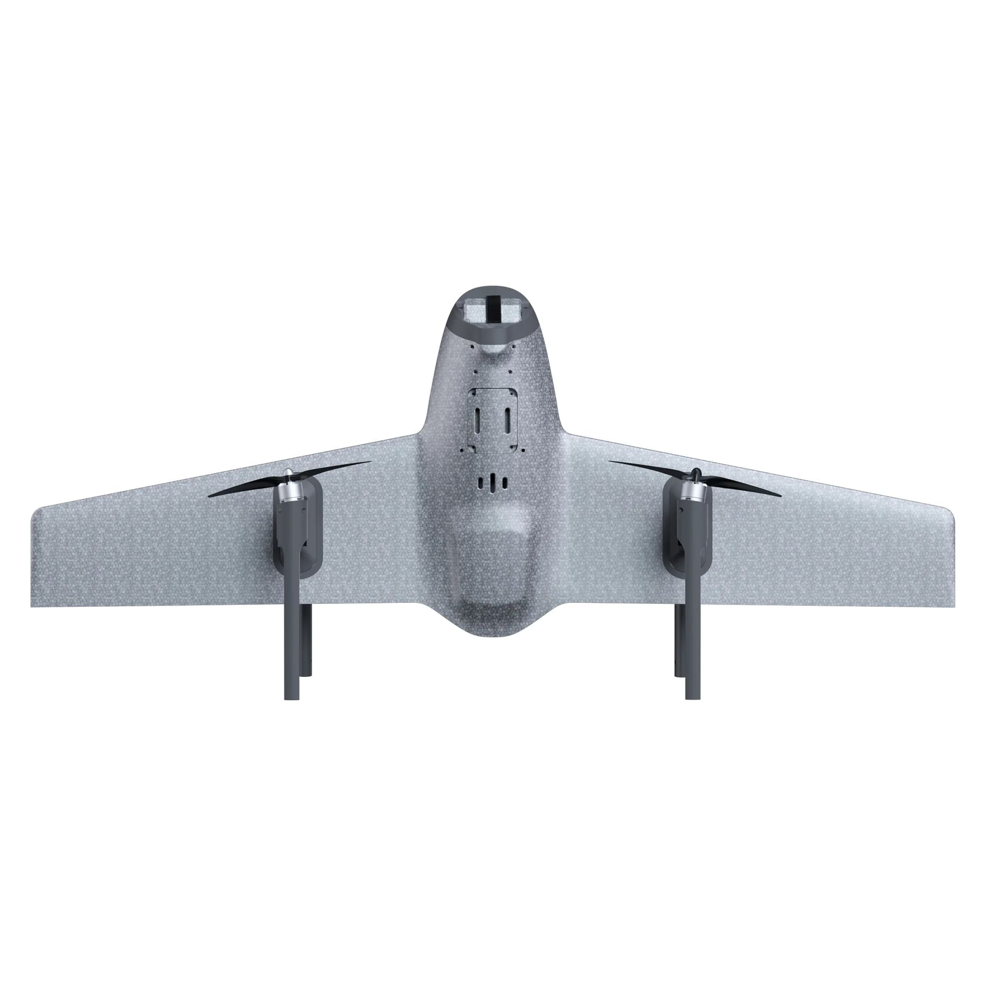 A back view of a silver HEQ drone with four propellers on a white background 