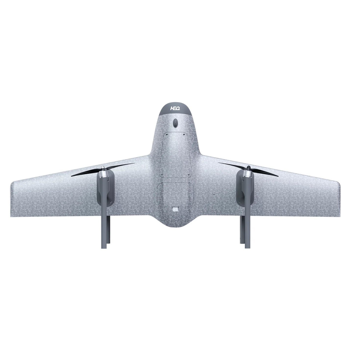 A front view of a silver HEQ drone with four propellers on a white background 