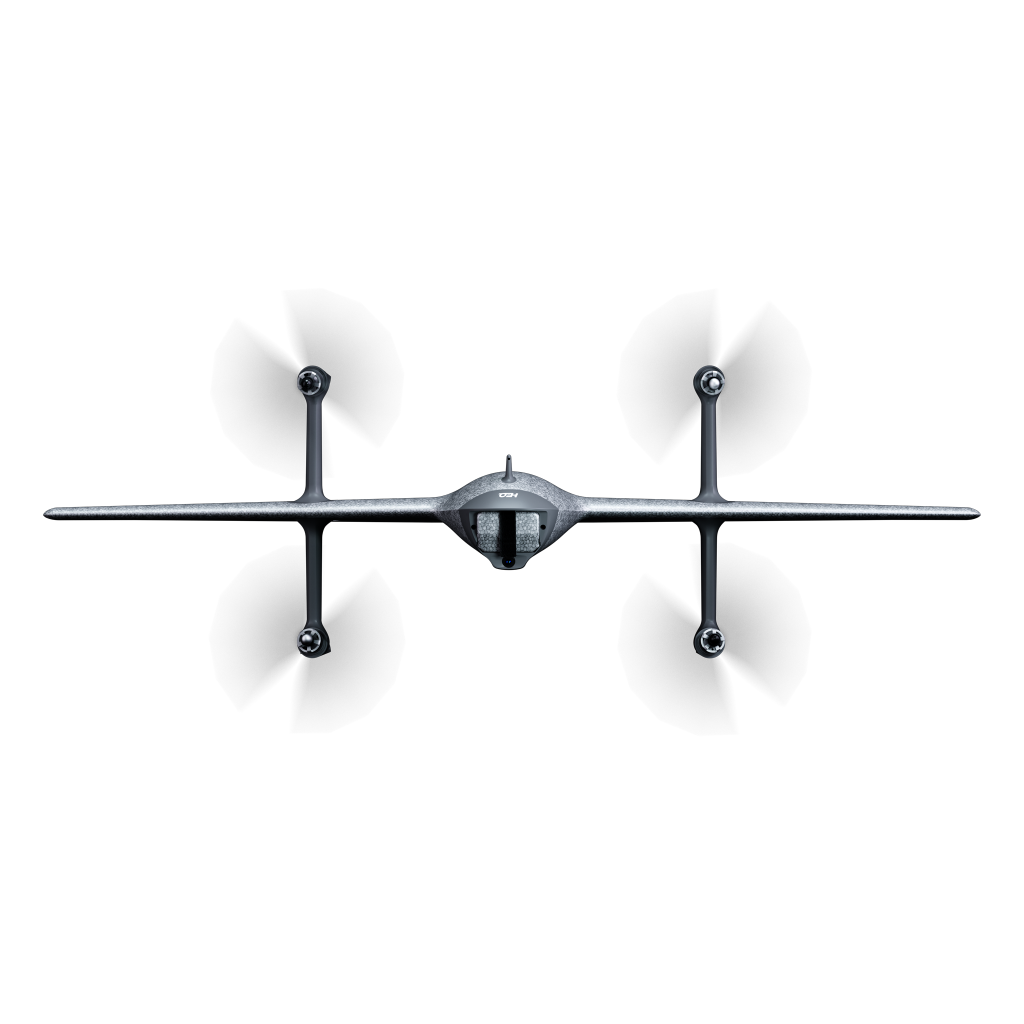 A front view of a silver HEQ drone with four propellers in motion on a white background 