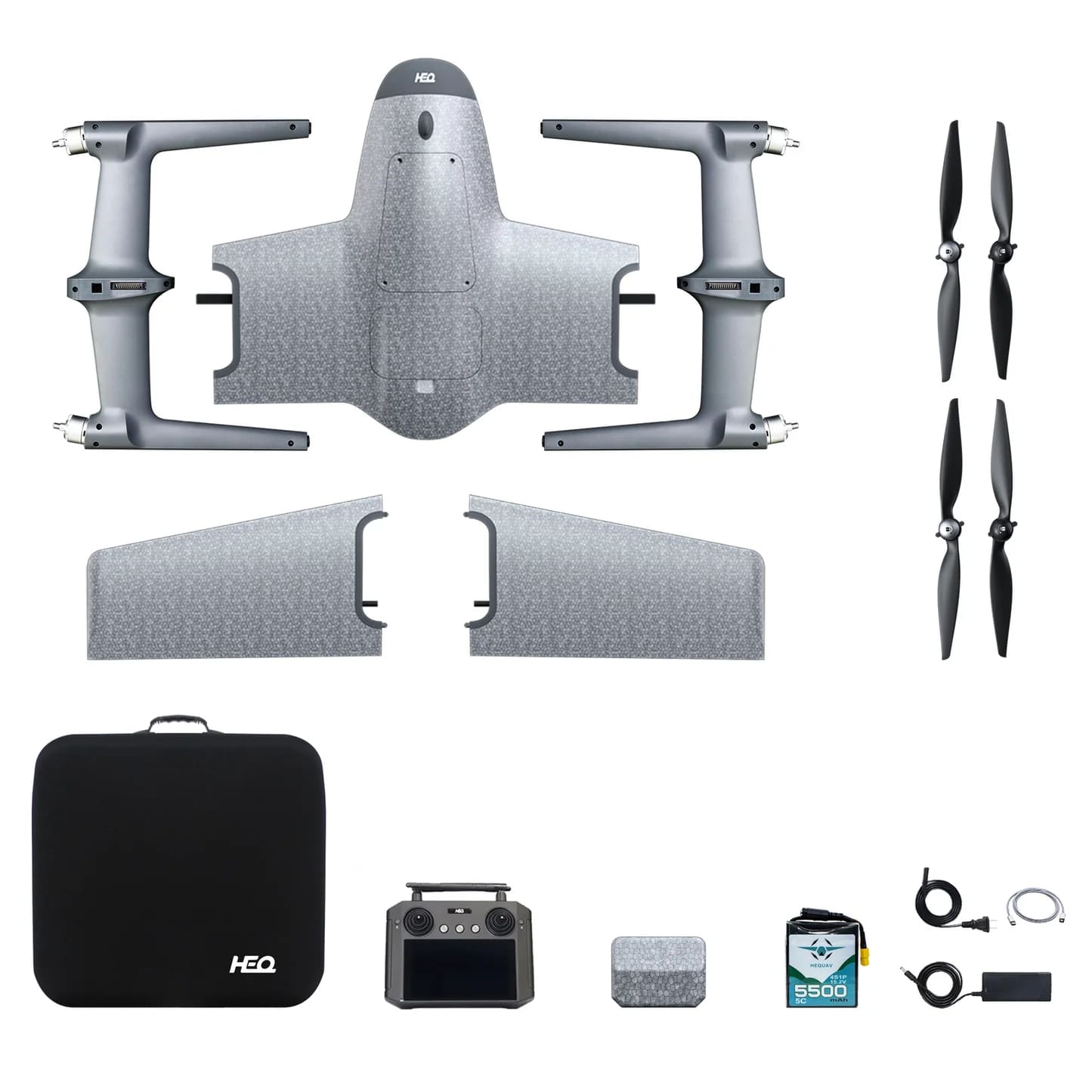 A diagram of HEQ Swan K1 Pro base platform full parts-body, wings, propellers, and accessories like carrying case, battery, remote controller and cable chargers.