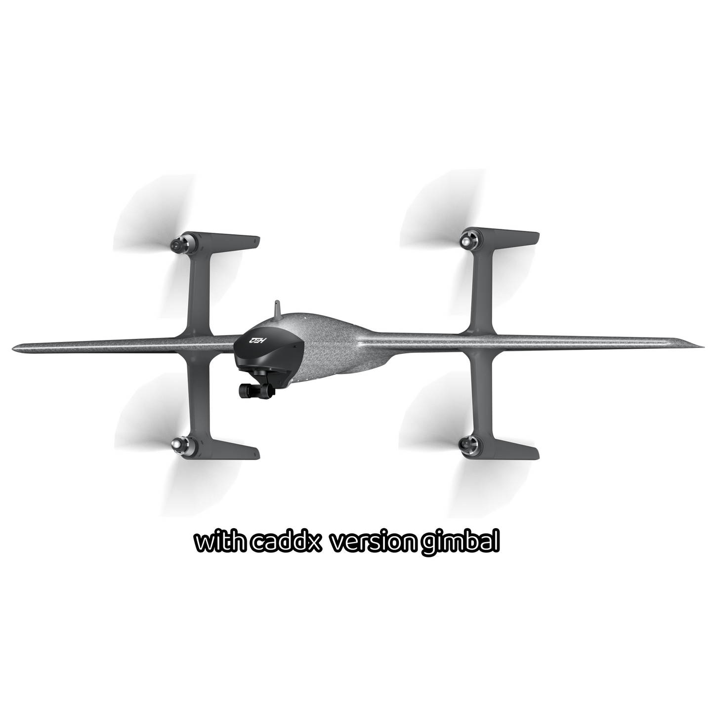 HEQ Swan K1 Pro VTOL Fixed Wing with a caddx gimbal flying in motion on a white background