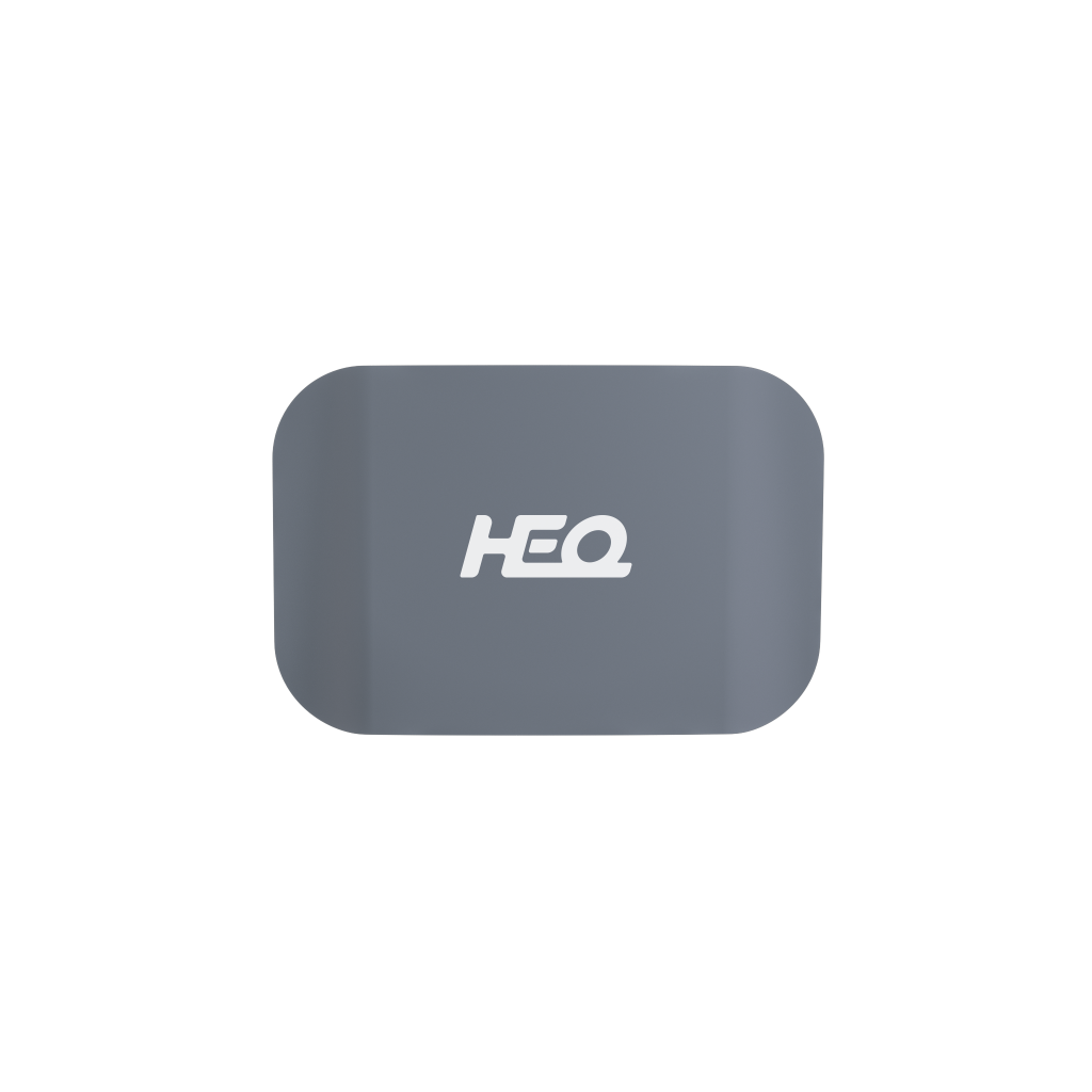 A gray plastic battery cover with the HEQ brand logo on it.