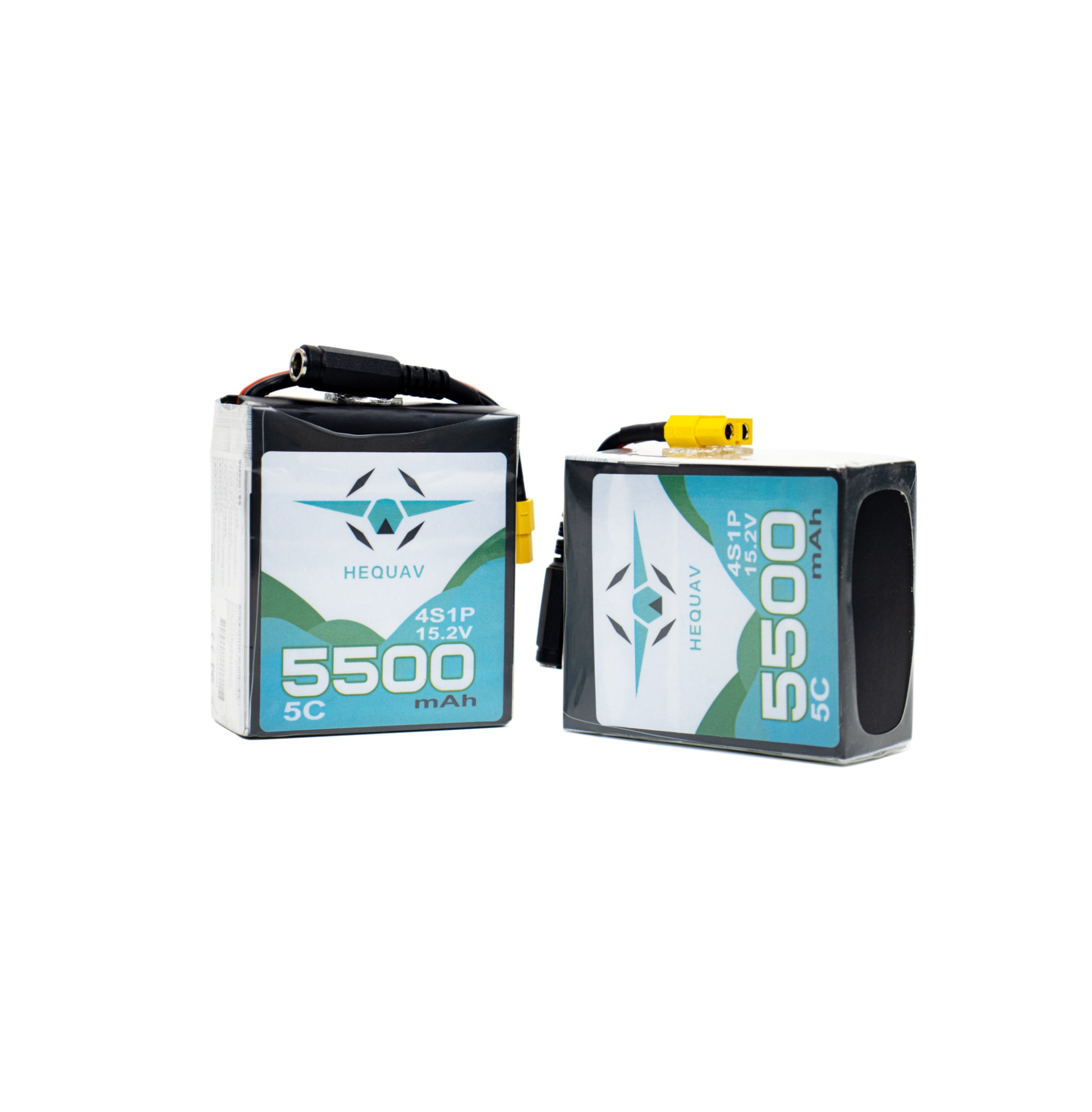 Twp blue white and black battery packs for HEQ Swan-serie drones, one on its side on a white background