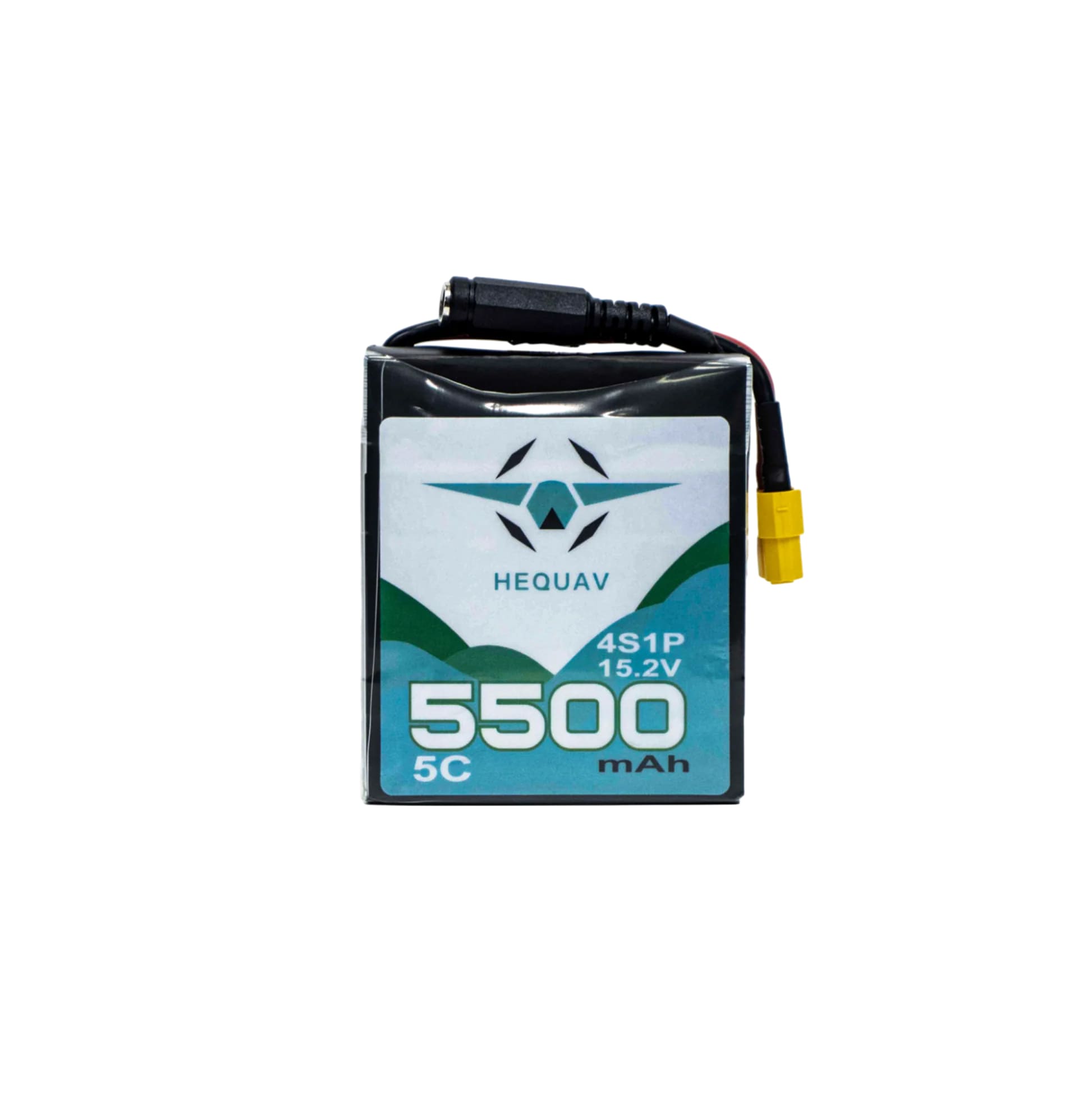 A blue white and black battery pack for HEQ Swan-serie drones on a white background.