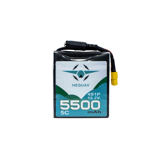 A blue white and black battery pack for HEQ Swan-serie drones on a white background.
