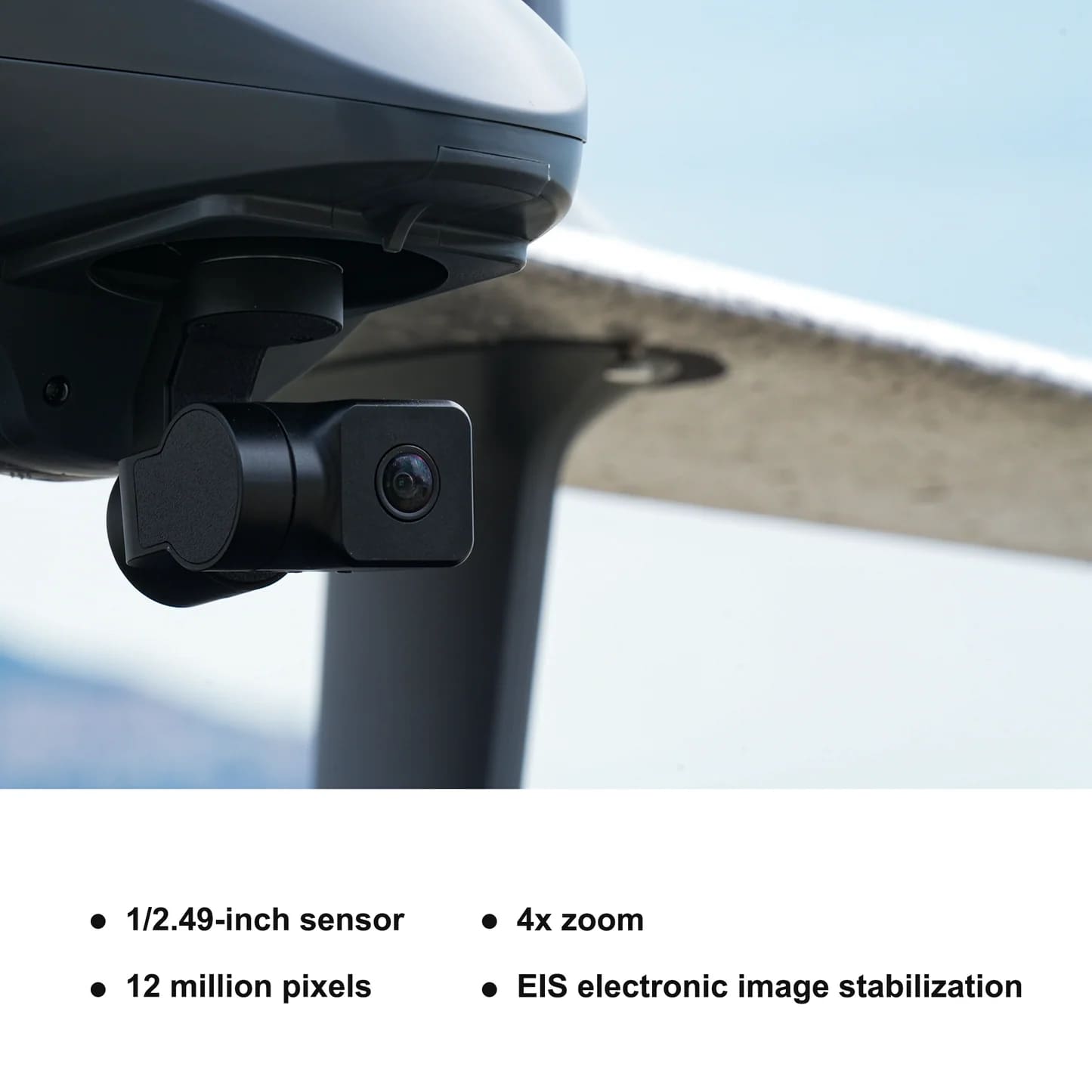 A close-up view of the camera on Swan Voyager VTOL drone, listing with 4 features: 1/2.49-inch sensor, 4x zoom, 12 million pixels and electronic image stabilization
