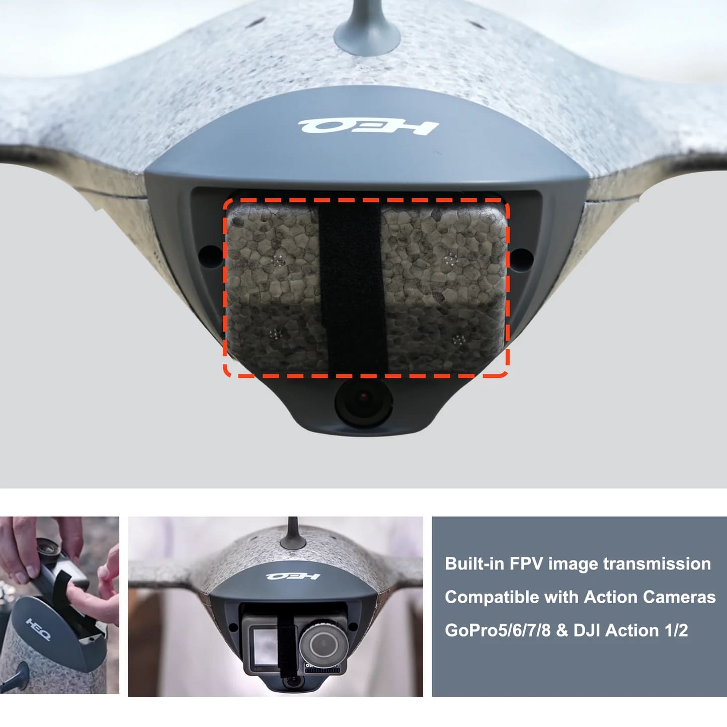 A instruction showing the built-in FPV image transmission compatible with action cameras-Go Pro5/6/7/8 and DJI Action 1/2