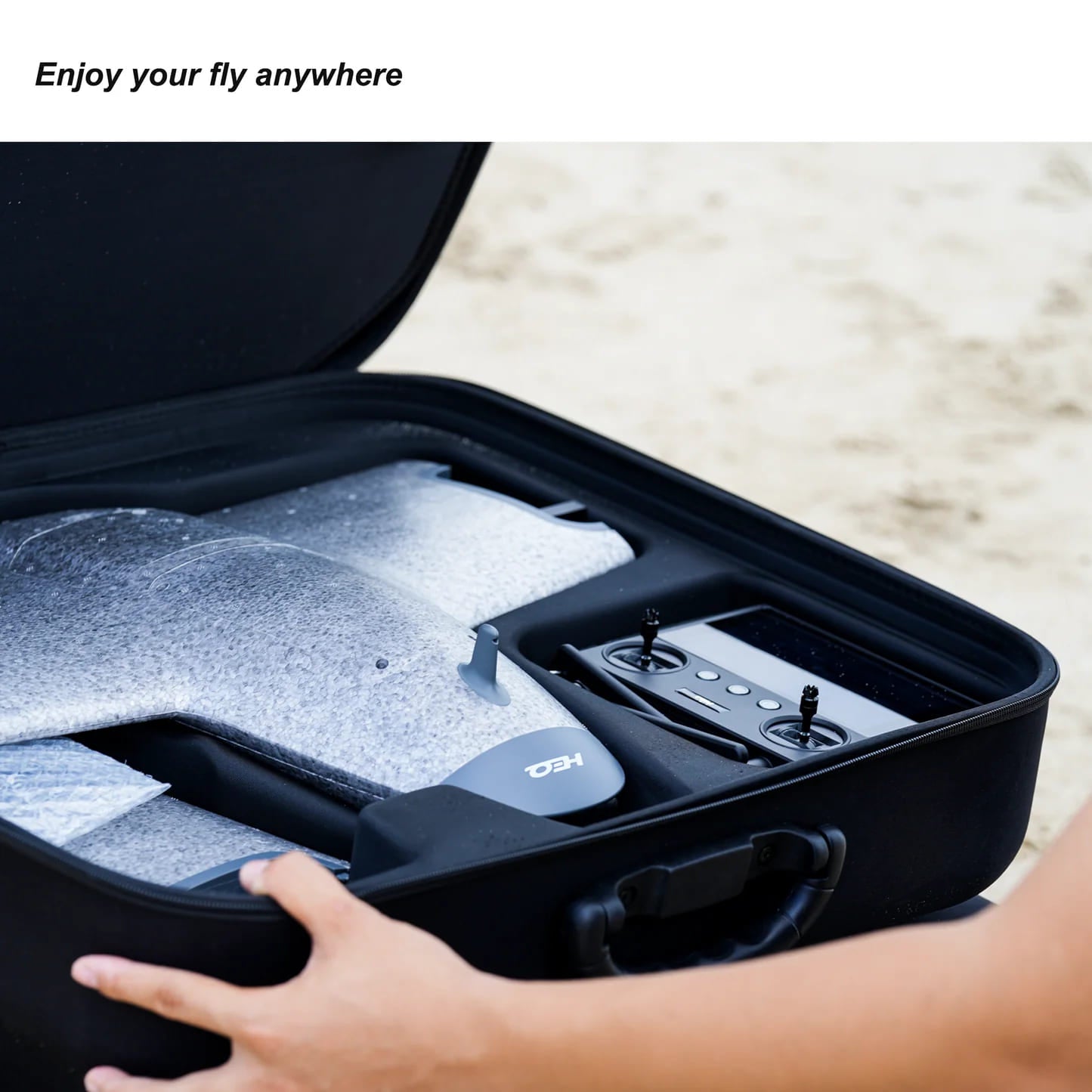 A side view of the packaging of Swan K1 Pro with the drone and controller inside. 