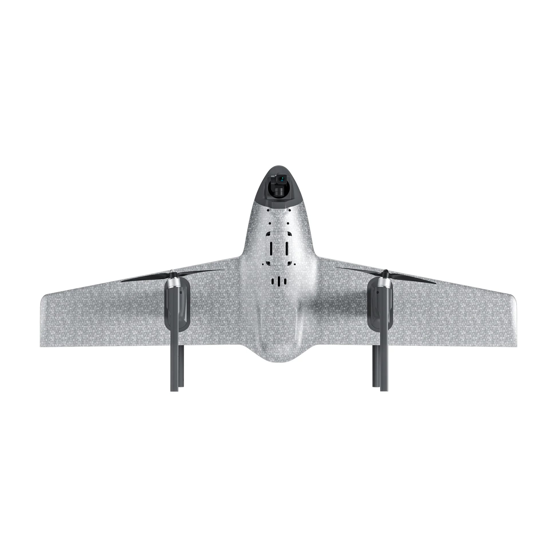 A grey Swan Voyager VTOL drone full back view with four propellers.